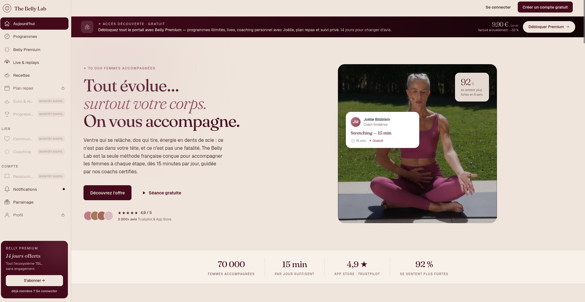 Accueil de l'application The Belly Lab